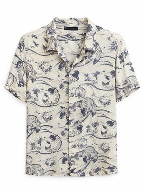 All Saints Cream and Blue Short Sleeve Printed Camp Shirt men’s